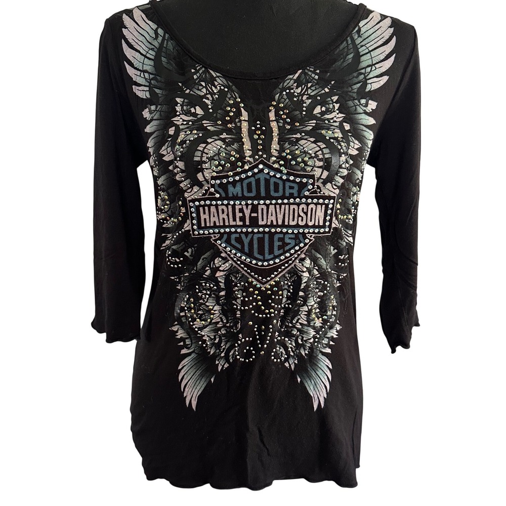 Harley-Davidson Womens Black Rhinestone Wing Graphic Lace Back Top Small Y2K